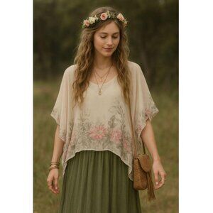 GUSY 100% Silk Blouse M Made in Italy Floral Print Boxy Sheer Flowy Artsy Fairy